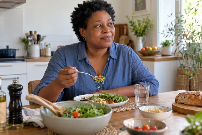 Une femme prend un repas à une table de cuisine