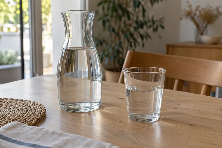 Une carafe d’eau et un verre sont posés sur une table claire