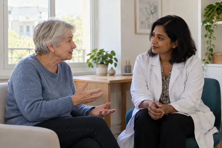 Une femme âgée échange avec une médecin