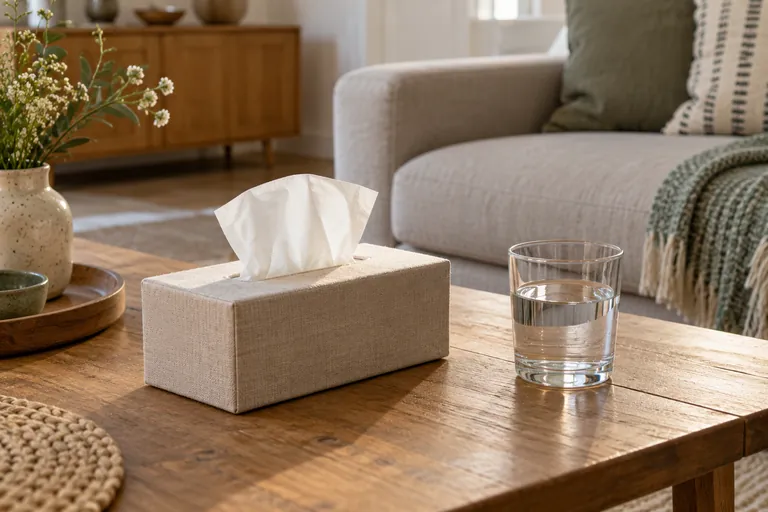 Une boîte de mouchoirs et un verre d’eau reposent sur une table basse