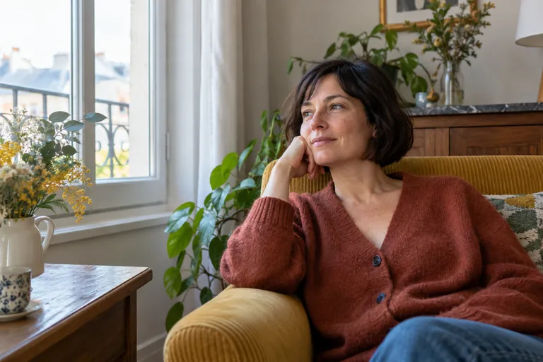 Une femme se repose dans un fauteuil près d’une fenêtre