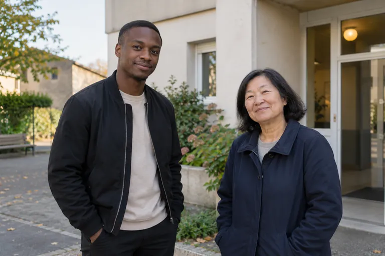 Deux adultes se tiennent devant un bâtiment