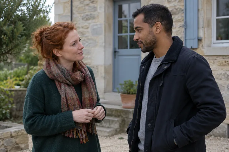 Une femme et un homme discutent devant une entrée