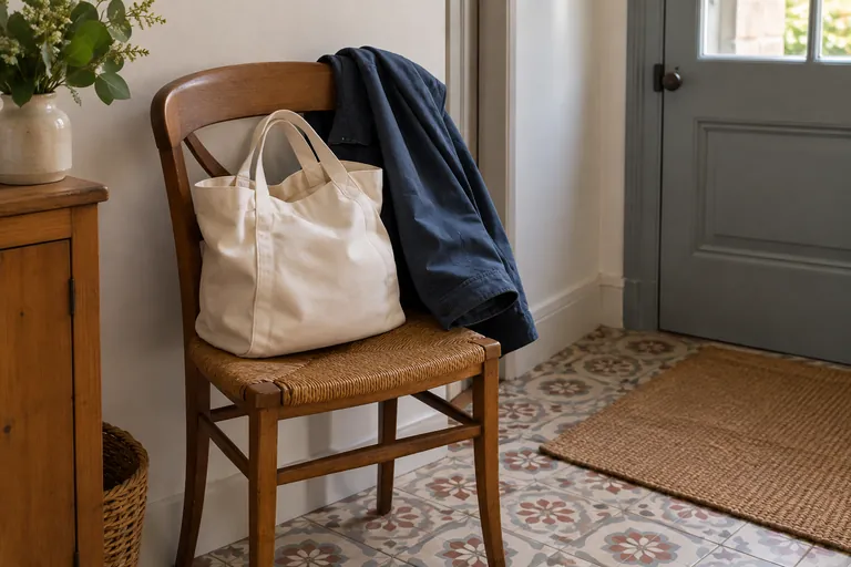 Un sac en toile et une veste sont posés sur une chaise