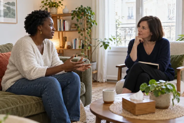 Deux femmes échangent dans un cabinet lumineux