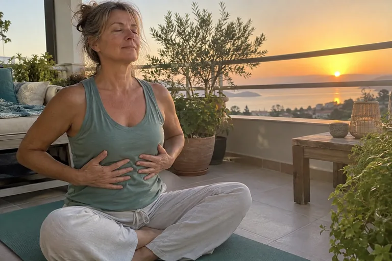 Une femme assise sur un tapis de yoga sur son balcon au lever du soleil, les mains posées sur le bas des côtes