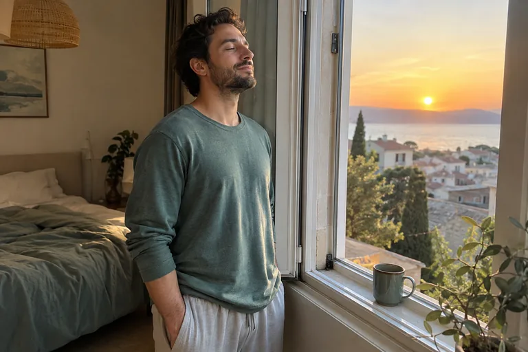 Un homme debout devant une fenêtre ouverte au lever du soleil respire calmement les yeux fermés