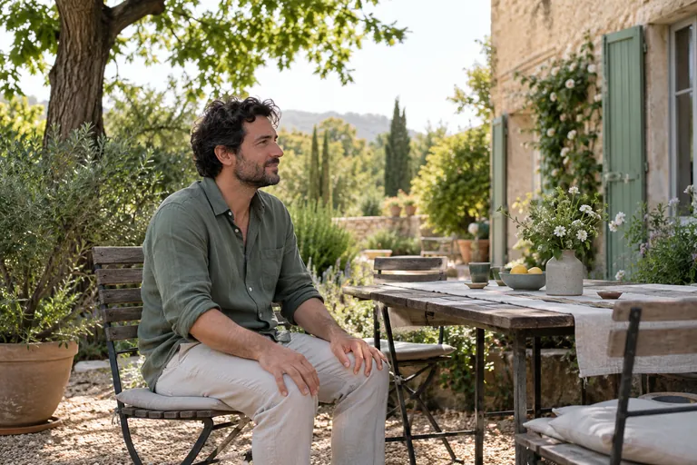 Un homme est assis sur une chaise dans un jardin