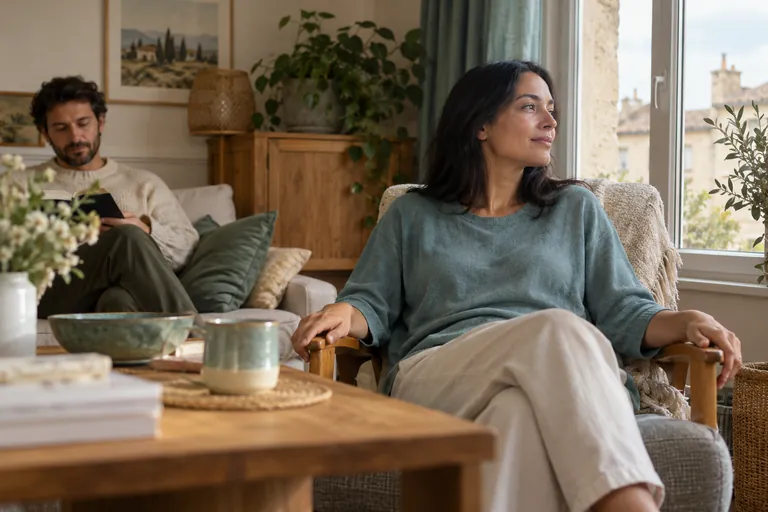 Une femme est assise dans un fauteuil près d’une fenêtre
