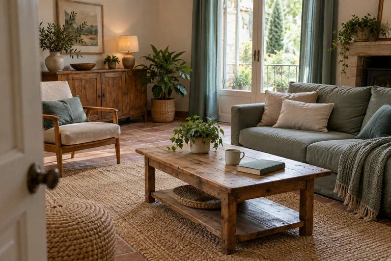Un salon vide avec un canapé et une table basse