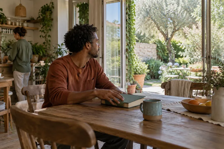 Un homme pose la main sur un livre fermé en regardant dehors