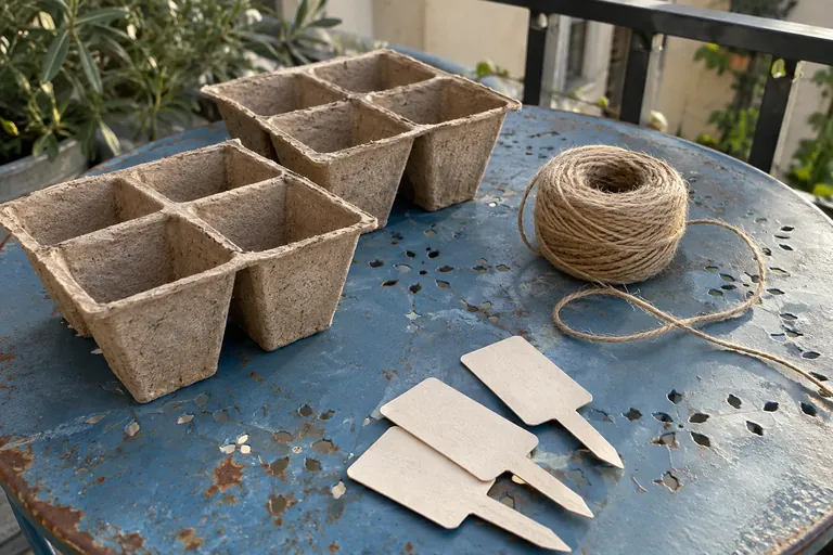 Des godets de semis vides, une bobine de ficelle et des étiquettes vierges reposent sur une table bleue.