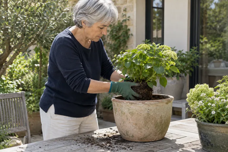 Une femme portant des gants place une plante dans un grand pot.