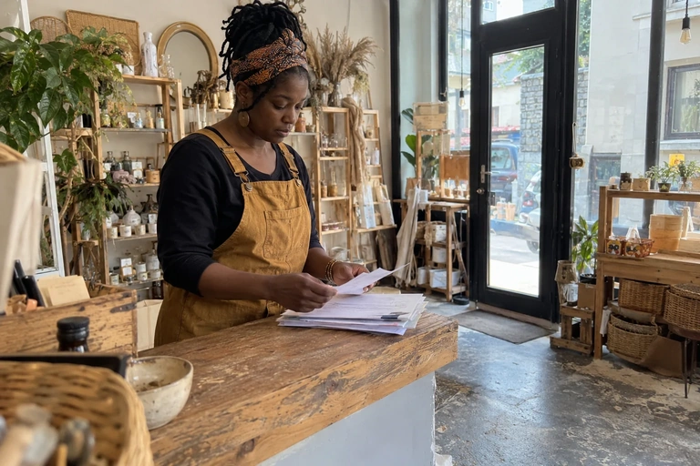 Une femme trie des papiers au comptoir d’une boutique