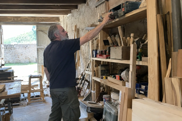 Un homme range des outils dans un atelier à l’arrêt