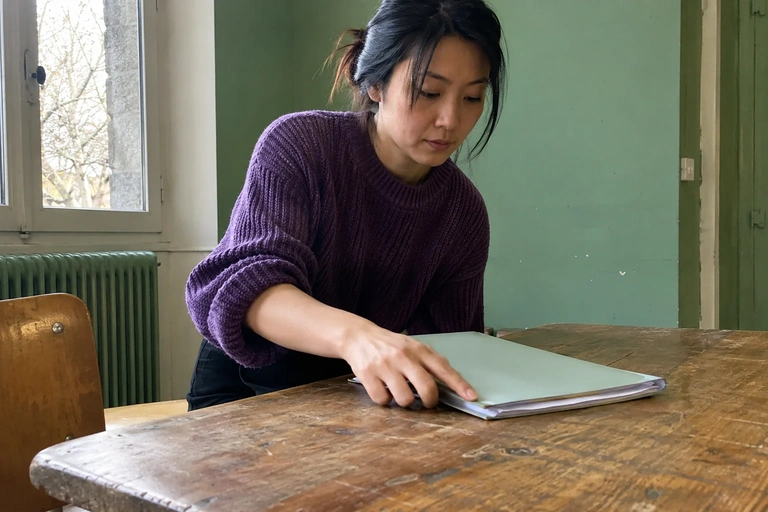 Une femme pose un dossier sur une table de salle communale