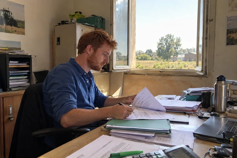 Un homme remplit un document papier dans un bureau rural