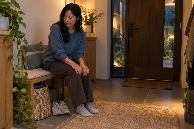 Une femme en chaussettes est assise sur un banc d’entrée, ses chaussures posées à côté.