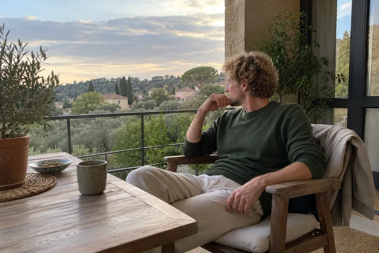 Un homme assis dans un fauteuil de balcon regarde le paysage.