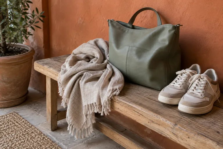 Un sac, une écharpe et une paire de chaussures reposent sur un banc.