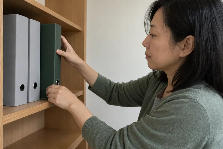 Une femme range un classeur vert sur une étagère.
