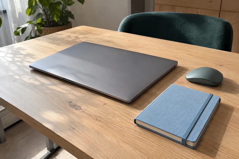 Un ordinateur fermé, une souris et un carnet reposent sur une table.