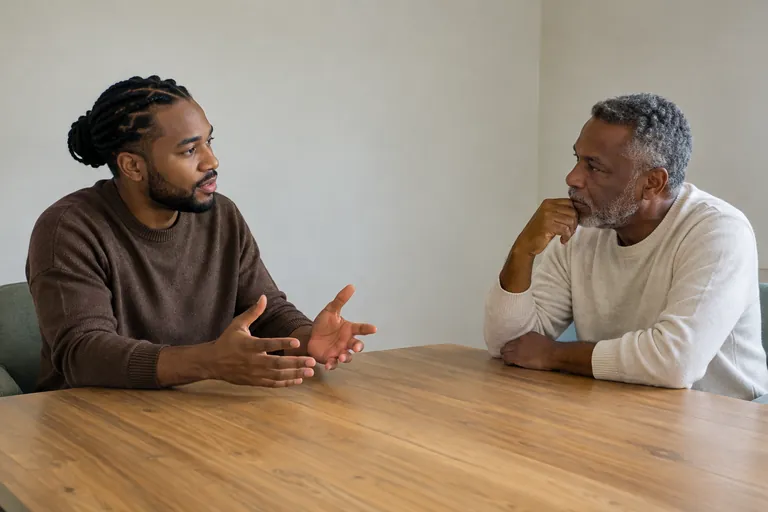 Deux hommes discutent de part et d’autre d’une table.