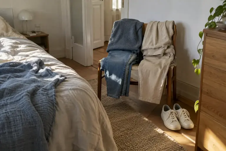 Deux tenues simples préparées dans une chambre, avec une paire de chaussures à proximité