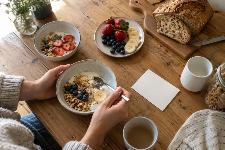 Un petit déjeuner simple est préparé sur une table avec quelques choix disponibles