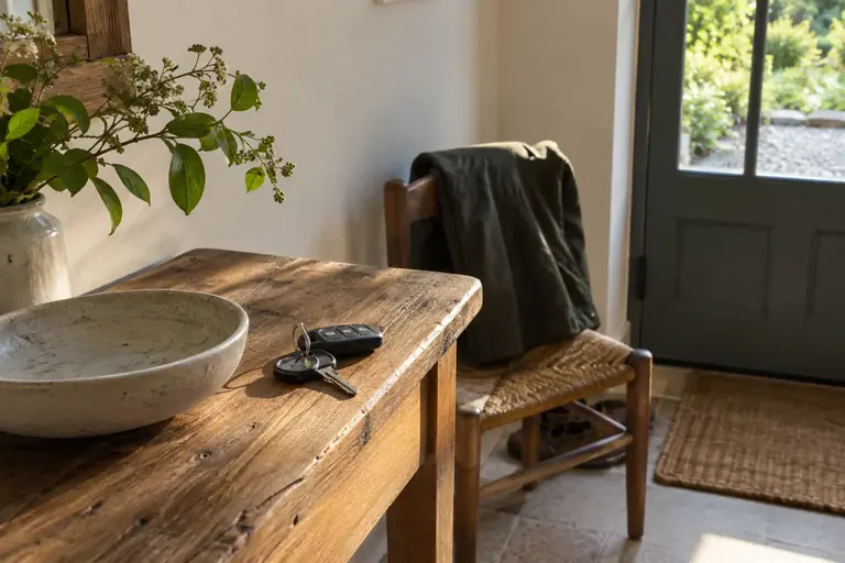 Des clés de voiture laissées sur une table d’entrée près d’une chaise et d’un manteau