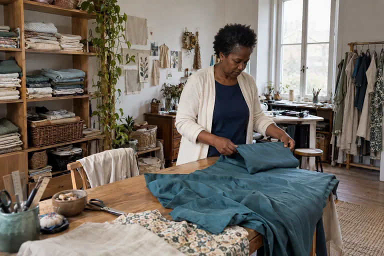 Une femme plie un tissu sur une table dans un atelier.