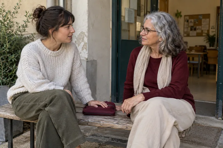 Deux femmes discutent assises sur un banc à l’entrée d’un bâtiment.