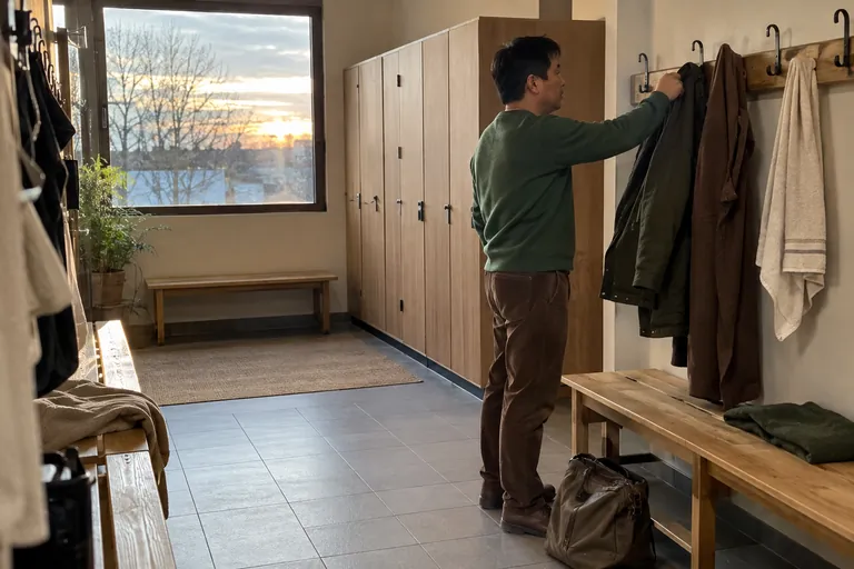 Un homme prend une veste sur un portemanteau dans un vestiaire.