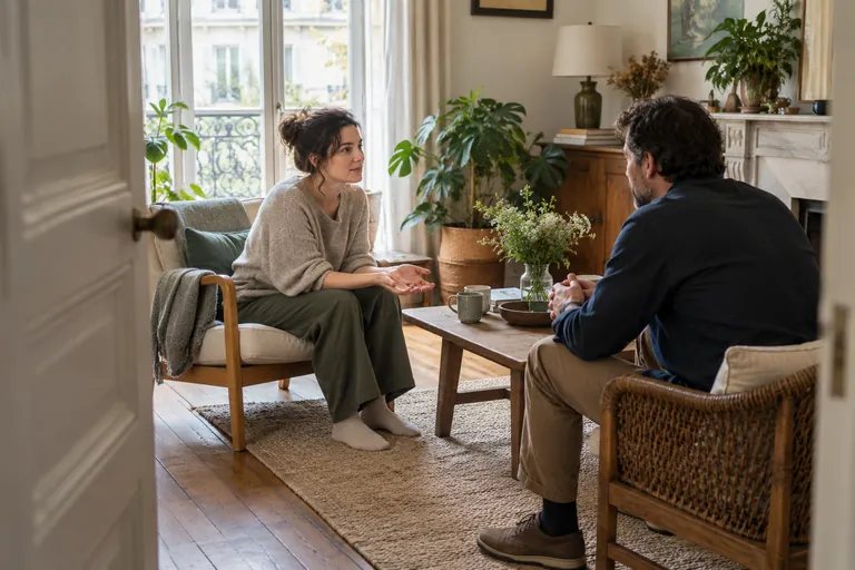 Deux adultes discutent assis dans un salon
