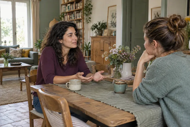 Une femme parle avec une interlocutrice à une table