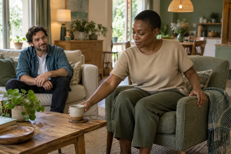 Une femme pose une tasse sur une table basse