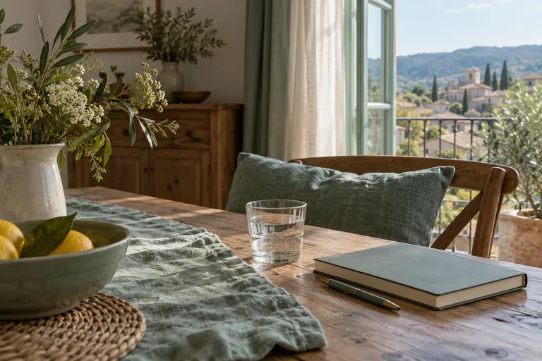 Un verre d’eau, un carnet fermé et un stylo sont posés sur une table