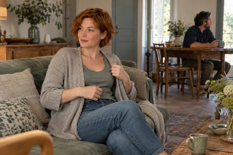 Une femme ajuste son cardigan en restant assise
