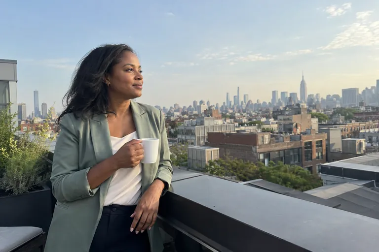 Une femme fait une courte pause sur une terrasse de bureau, une tasse de café à la main