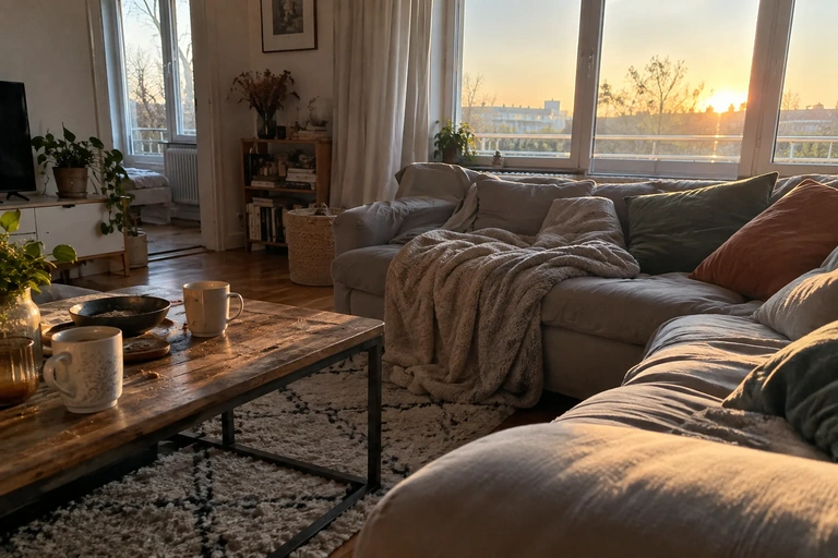 Un salon encore un peu en désordre reçoit la lumière du matin