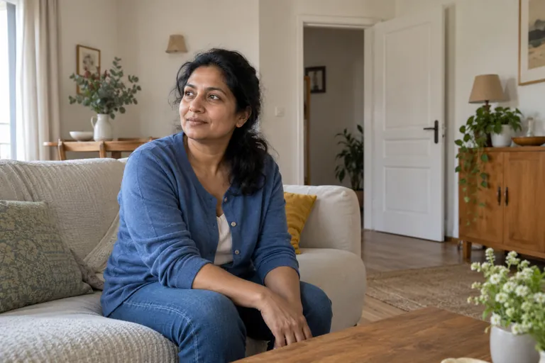 Une femme assise dans un salon clair regarde vers la fenêtre