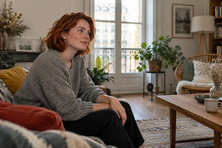 Une femme est assise de côté dans un salon