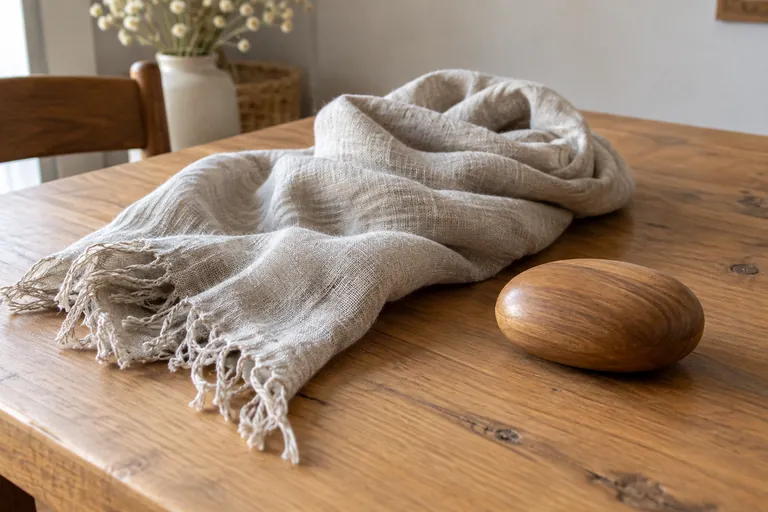 Une écharpe en lin et un objet ovale en bois reposent sur une table