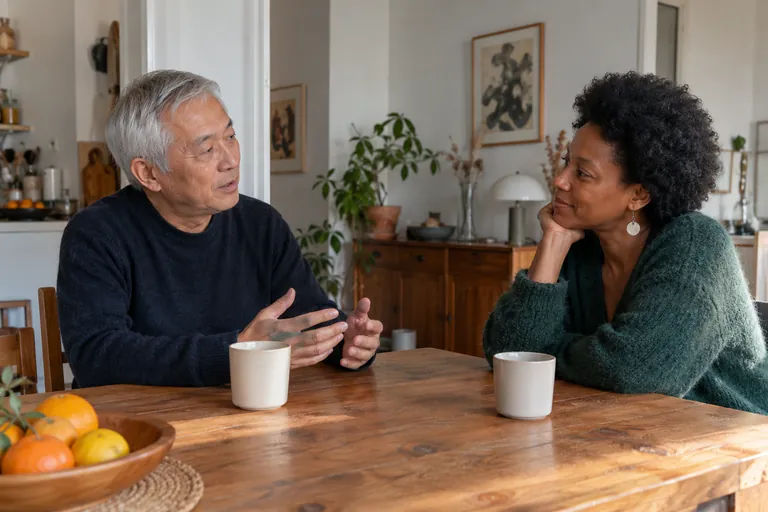 Un homme âgé et une femme échangent autour d’une table