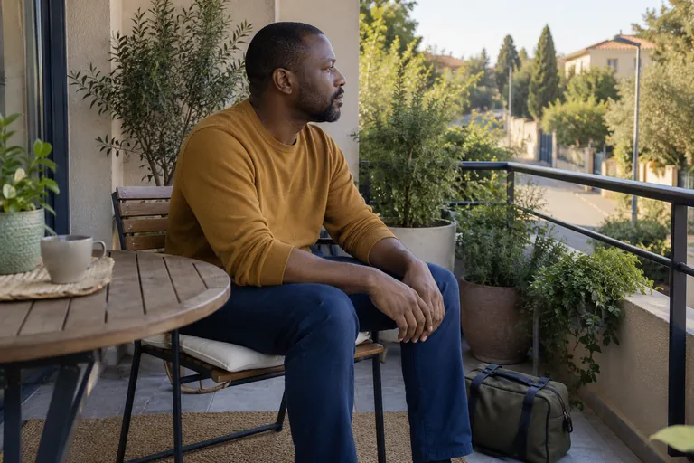 Un homme assis sur un balcon regarde dehors, un sac posé près de sa chaise.