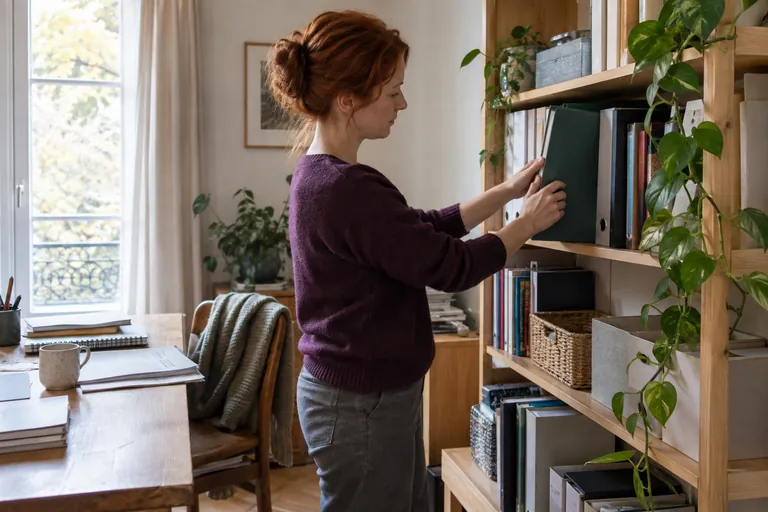Une femme range un dossier fermé sur une étagère.