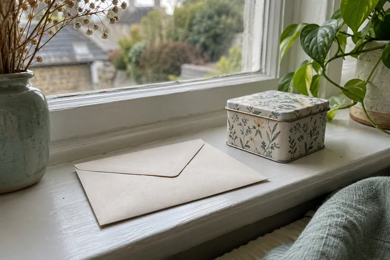 Une enveloppe fermée et une boîte décorée de feuillage reposent sur un rebord de fenêtre.