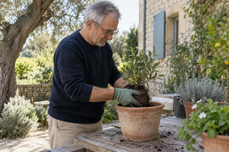 Un homme portant des gants rempote un petit arbuste.