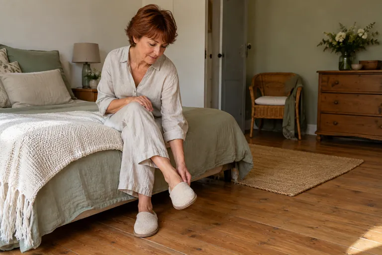 Une femme assise au bord du lit enfile ses chaussons