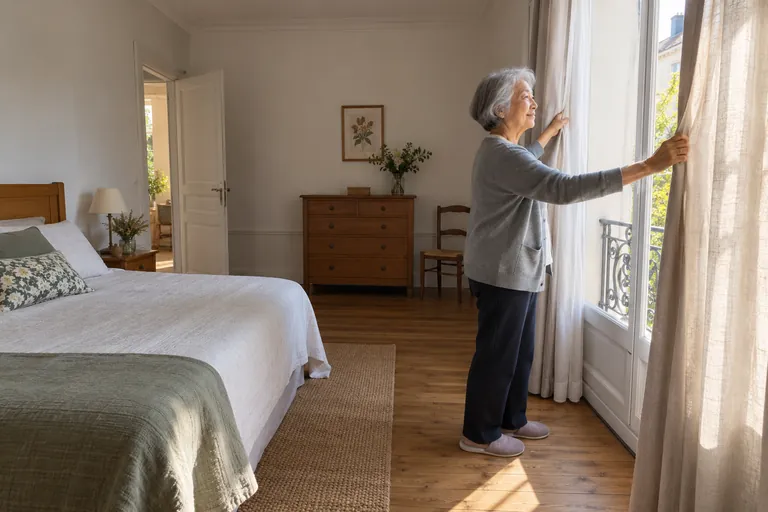 Une femme ouvre les rideaux d’une chambre